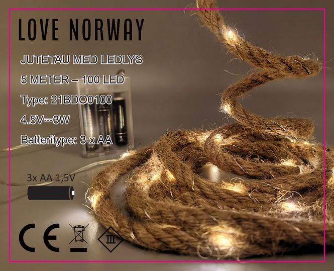 Hovedbilde Dekortau i jute med LED-lys jute 3 m