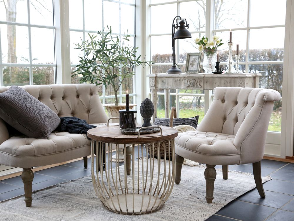 Sofabord i hvit med trelokk - Sett med 2 bord - Chic Antique