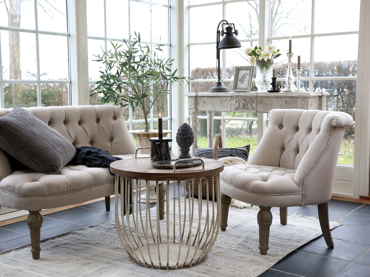 Sofabord i hvit med trelokk - Sett med 2 bord - Chic Antique
