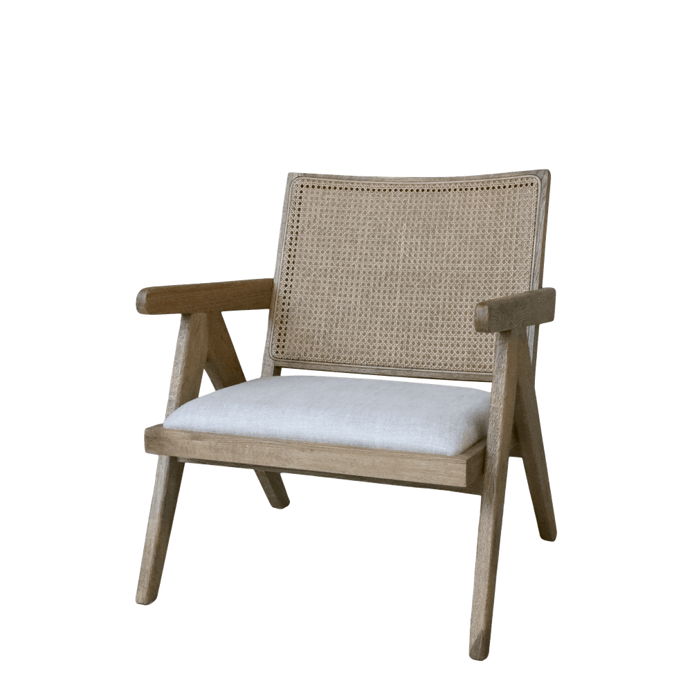 Loungestol med stofsete og flettet rygg fra Chic Antique