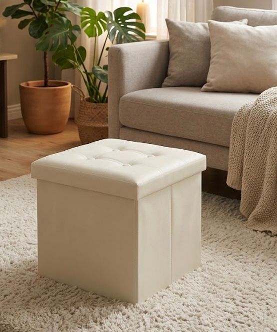 Hovedbilde Stilren og sammenleggbar puff med oppbevaring (38×38 cm) – Hvit