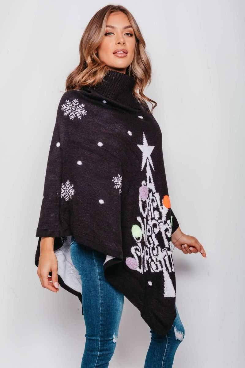 Juleponcho sort Merry Christmas - One size